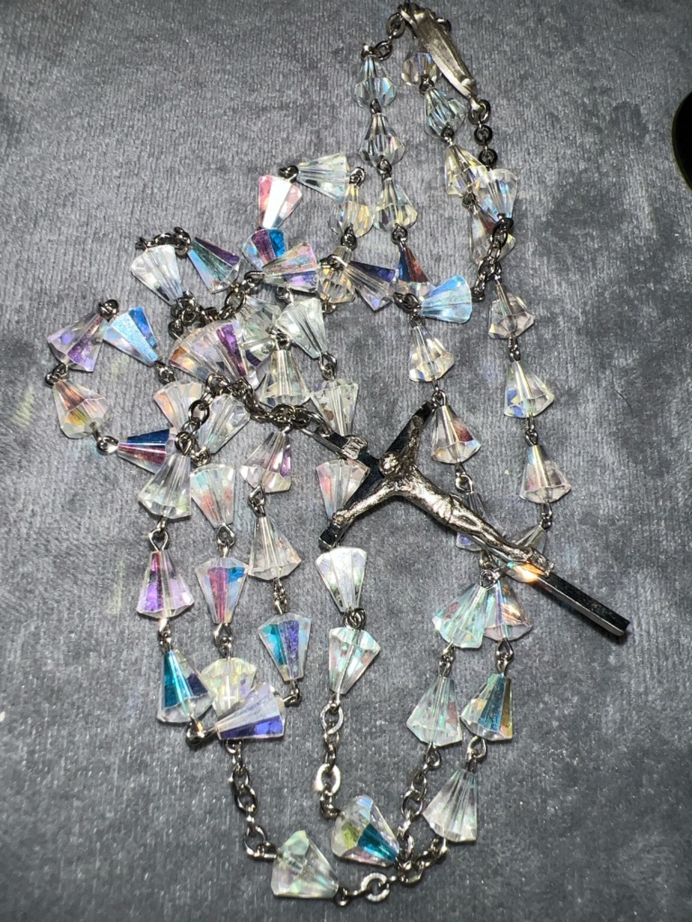Vintage AB Iridescent Cut Crystal Bicone Silver Rosary Rosaries Necklace 30” - Picture 6 of 13